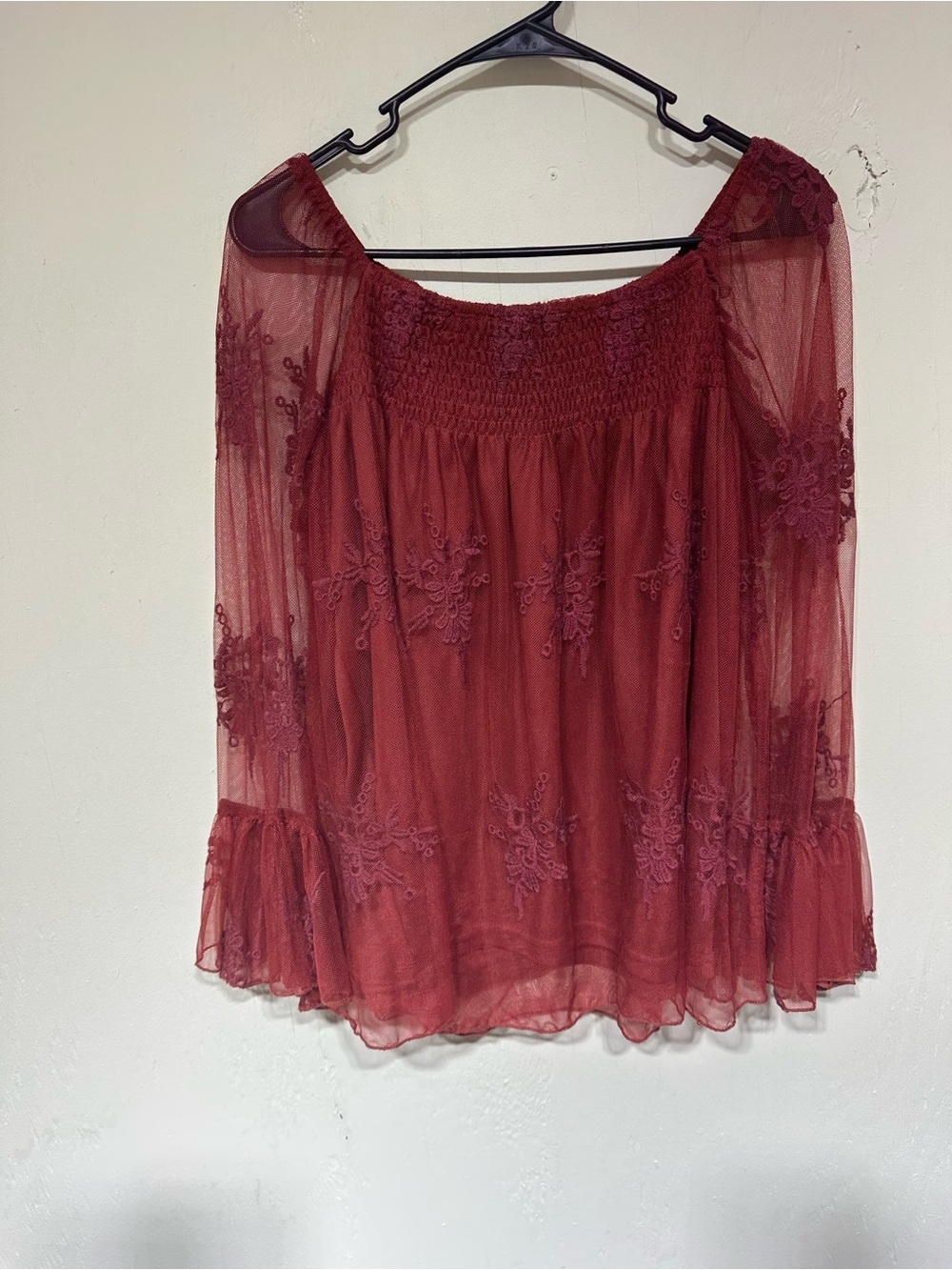 NWT Cato burgundy red lace sheer smocked long sleeve blouse women’s size small
